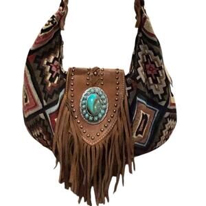 Montana West Aztec Fringe Hobo Bag Turquoise Concho Medallion Concealed Pocket